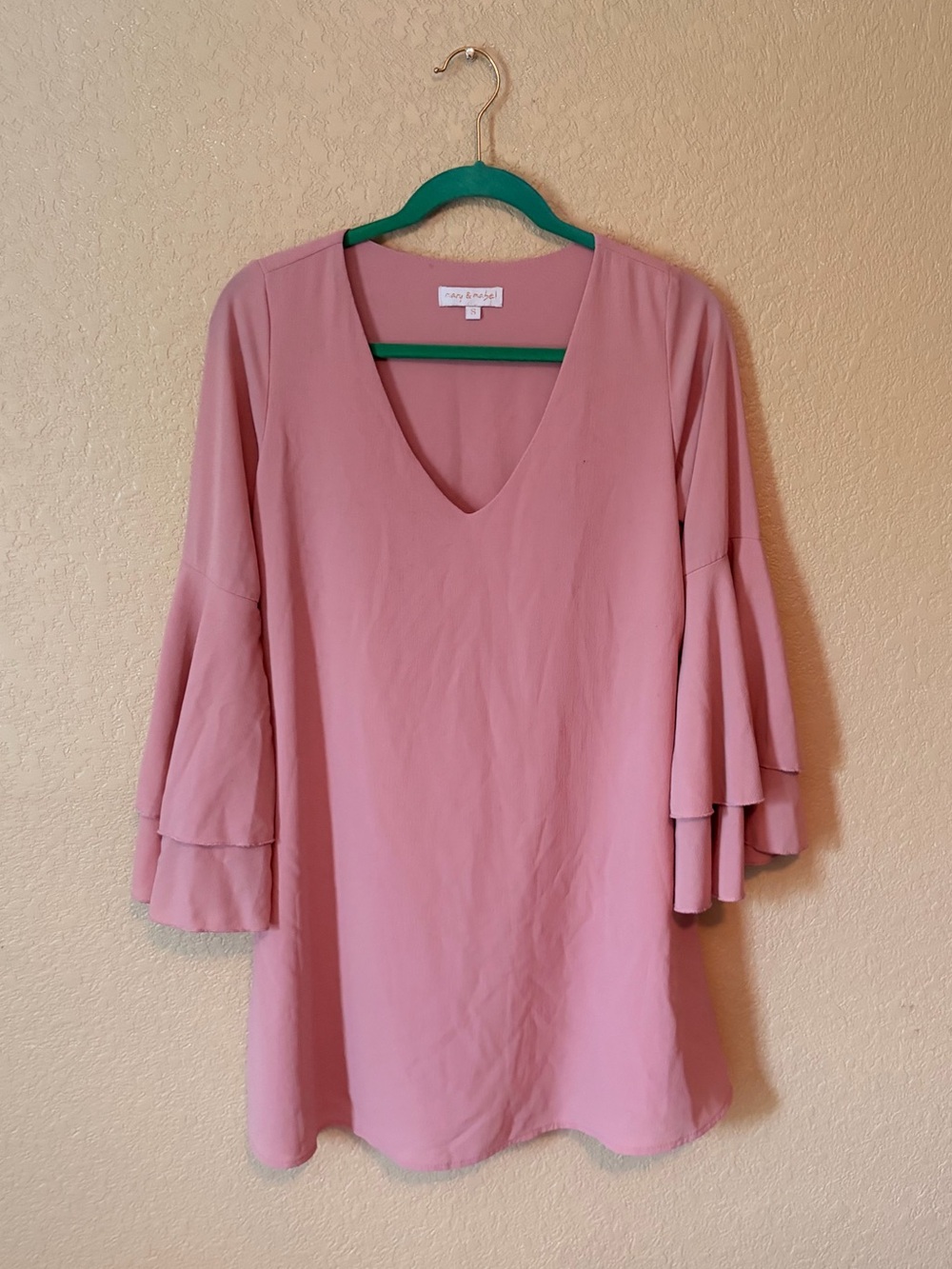 Pink V-Neck Flutter Sleeve Dress